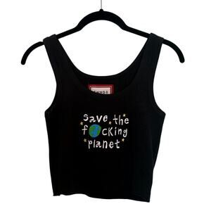 Chnge Save The Planet Tank Top Cropped Waffle Knit Cotton Embroidered Black XS